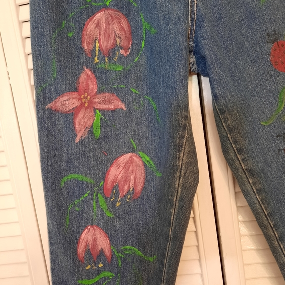 RARE VTG 1980's cotton hi waist pleated boho painted ladybug flor jeans sz 8P *V - Picture 7 of 8